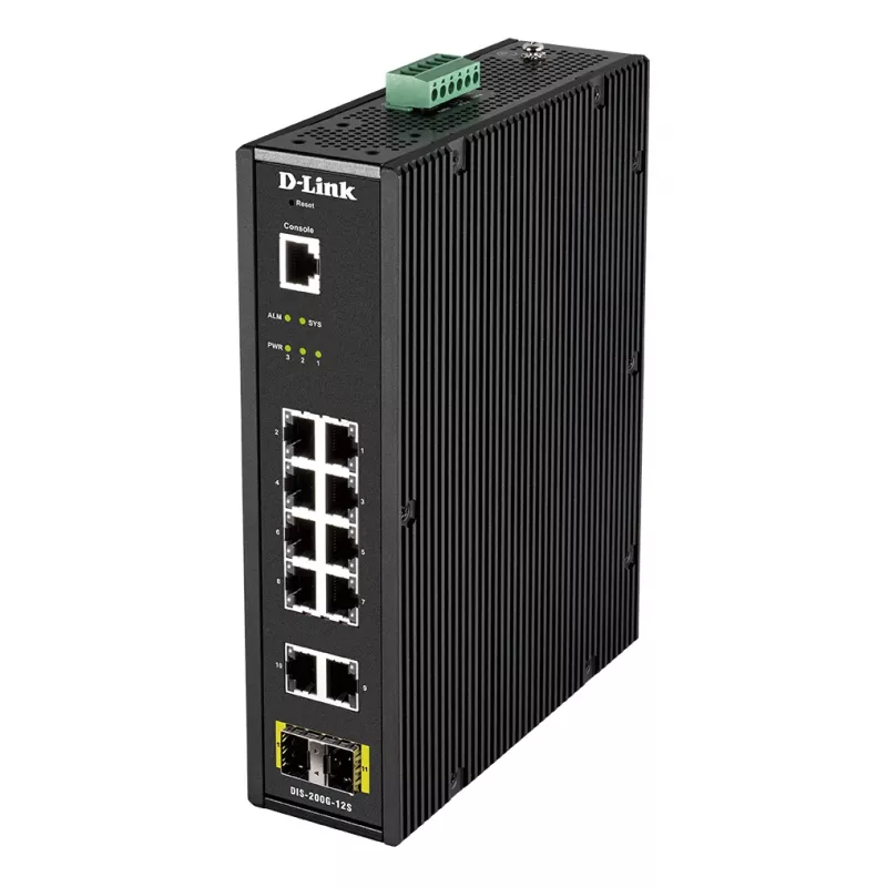 Comutador industrial Smart Managed L2 D-Link de 12 portas com 10 x 1GBaseT(X) e 2 x SFP