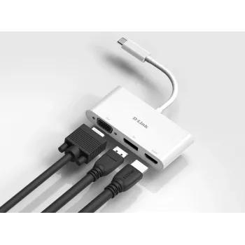 Adaptador D-Link 3-em-1 USB-C para HDMI/VGA/DisplayPort, com fios, USB 3.2 Gen 1 (3.1 Gen 1) Type-C, branco, CE, FCC, IC, RCM, DC, 0,04 A