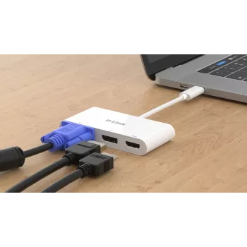 Adaptador D-Link 3-em-1 USB-C para HDMI/VGA/DisplayPort, com fios, USB 3.2 Gen 1 (3.1 Gen 1) Type-C, branco, CE, FCC, IC, RCM, DC, 0,04 A