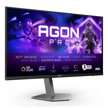 AOC AGON PRO AG276QZD2 Monitor de computador 67,3 cm (26,5 polegadas) 2560 x 1440 píxeis Quad HD QD-OLED preto, cinzento