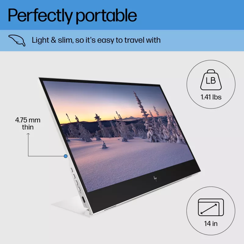 HP E-Series E14 G4 Monitor portátil, 35,6 cm (14 polegadas), 1920 x 1080 píxeis, Full HD, LCD, 5 ms, prateado