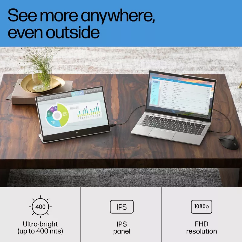HP E-Series E14 G4 Monitor portátil, 35,6 cm (14 polegadas), 1920 x 1080 píxeis, Full HD, LCD, 5 ms, prateado