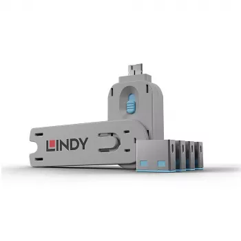 Bloqueador de portas USB Lindy - pack de 4, código de cor: azul, bloqueador de portas + chave, USB Type-A, azul, acrilonitrilo-butadieno-estireno (ABS), 5 unid., saco de plástico