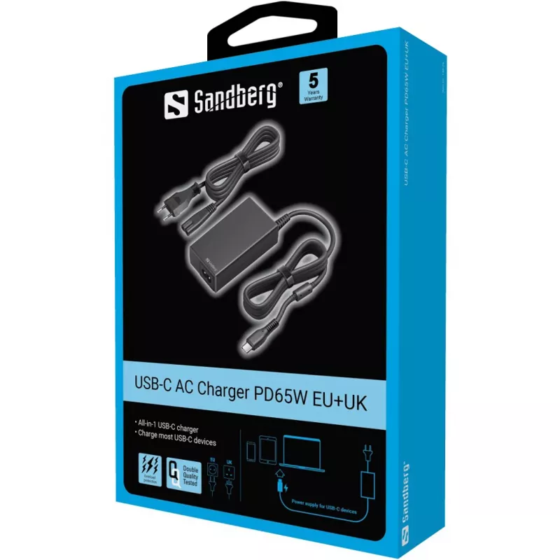 Sandberg 135-76 carregador CA USB-C PD65W EU+UK, 65 W, 3,25 A, 100-240 V, cabo de 1,8 m
