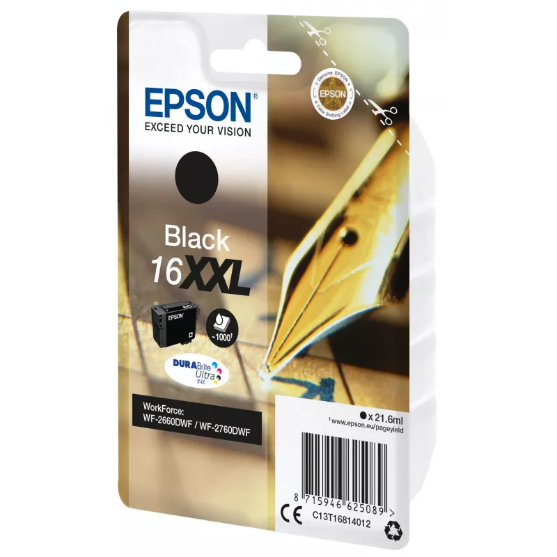 Epson Embalagem individual preto 16XXL DURABrite Ultra tinta, alcance extra (super) alto, preto, tinta pigmentada, 21,6 ml, 1 unid., 1000 páginas