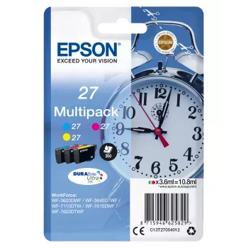 Epson Alarm clock Multipack 3 cores 27 DURABrite Ultra tinta, rendimento padrão, ciano, magenta, amarelo, tinta pigmentada, 3,6 ml, 1 unid., multipack