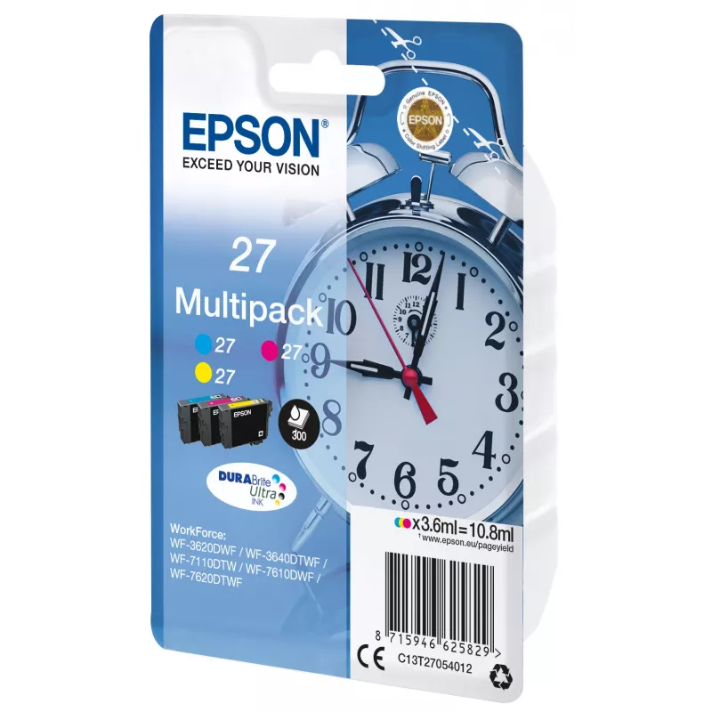 Epson Alarm clock Multipack 3 cores 27 DURABrite Ultra tinta, rendimento padrão, ciano, magenta, amarelo, tinta pigmentada, 3,6 ml, 1 unid., multipack