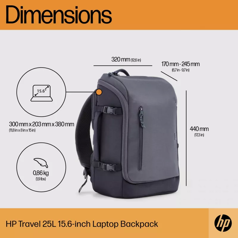 HP Travel 25 Litros 15.6 Iron cinzento Mochila para portátil, mochila, 39,6 cm (15,6 polegadas), 860 g