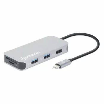 Manhattan Dock/Hub USB-C com leitor de cartões, ligações (x6): Ethernet, HDMI, USB-A (x3) e USB-C, com Power Delivery (100 W) na ligação USB-C (nota: fonte de alimentação USB-C e cabo USB-C adicionais necessários), universal para todos os dispositivos, cabo 15 cm, alumínio, prateado