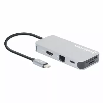 Manhattan Dock/Hub USB-C com leitor de cartões, ligações (x6): Ethernet, HDMI, USB-A (x3) e USB-C, com Power Delivery (100 W) na ligação USB-C (nota: fonte de alimentação USB-C e cabo USB-C adicionais necessários), universal para todos os dispositivos, cabo 15 cm, alumínio, prateado