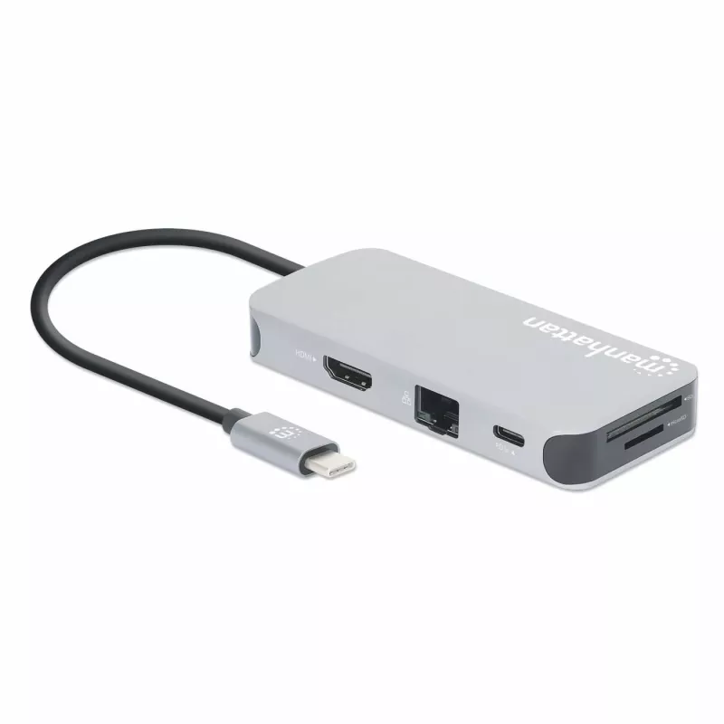 Manhattan Dock/Hub USB-C com leitor de cartões, ligações (x6): Ethernet, HDMI, USB-A (x3) e USB-C, com Power Delivery (100 W) na ligação USB-C (nota: fonte de alimentação USB-C e cabo USB-C adicionais necessários), universal para todos os dispositivos, cabo 15 cm, alumínio, prateado