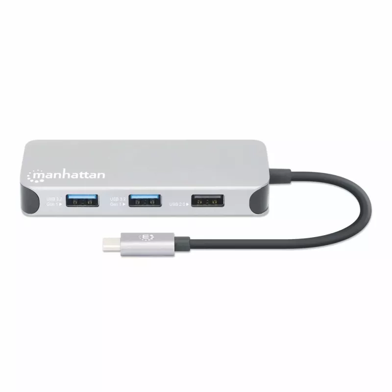 Manhattan Dock/Hub USB-C com leitor de cartões, ligações (x6): Ethernet, HDMI, USB-A (x3) e USB-C, com Power Delivery (100 W) na ligação USB-C (nota: fonte de alimentação USB-C e cabo USB-C adicionais necessários), universal para todos os dispositivos, cabo 15 cm, alumínio, prateado