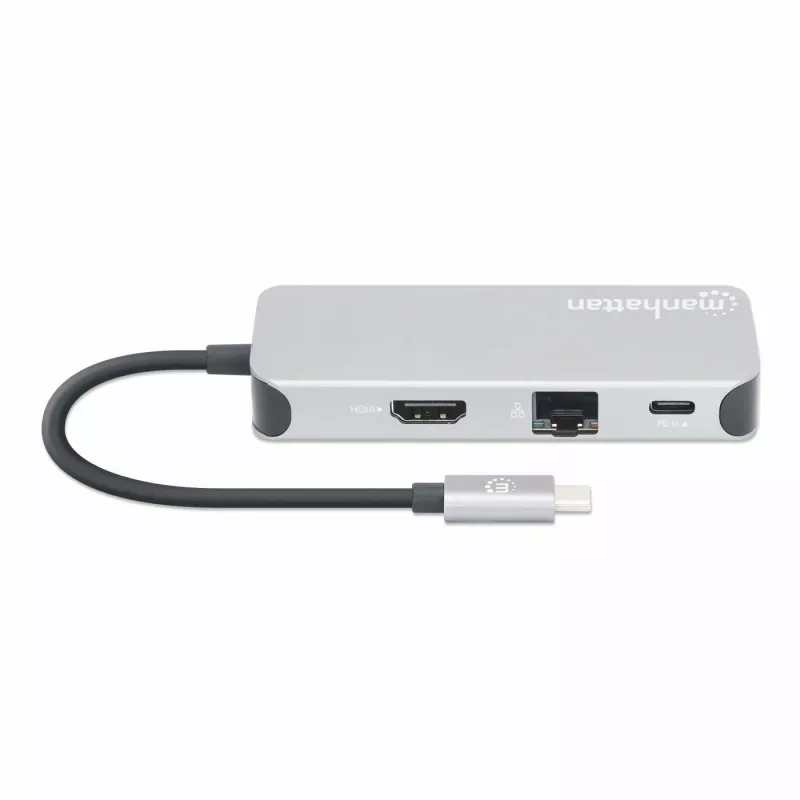 Manhattan Dock/Hub USB-C com leitor de cartões, ligações (x6): Ethernet, HDMI, USB-A (x3) e USB-C, com Power Delivery (100 W) na ligação USB-C (nota: fonte de alimentação USB-C e cabo USB-C adicionais necessários), universal para todos os dispositivos, cabo 15 cm, alumínio, prateado