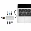 Manhattan Dock/Hub USB-C com leitor de cartões, ligações (x6): Ethernet, HDMI, USB-A (x3) e USB-C, com Power Delivery (100 W) na ligação USB-C (nota: fonte de alimentação USB-C e cabo USB-C adicionais necessários), universal para todos os dispositivos, cabo 15 cm, alumínio, prateado