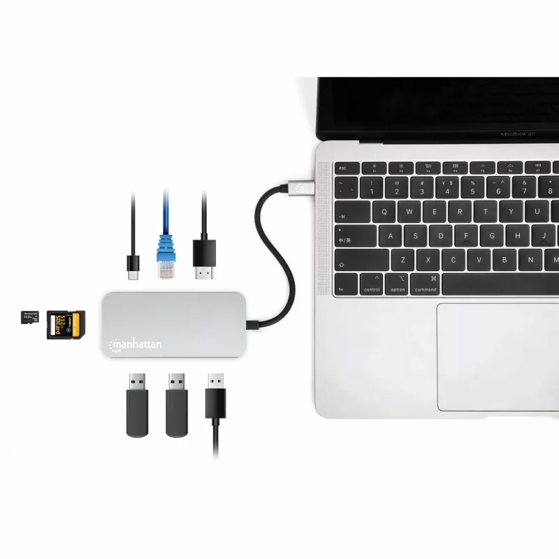 Manhattan Dock/Hub USB-C com leitor de cartões, ligações (x6): Ethernet, HDMI, USB-A (x3) e USB-C, com Power Delivery (100 W) na ligação USB-C (nota: fonte de alimentação USB-C e cabo USB-C adicionais necessários), universal para todos os dispositivos, cabo 15 cm, alumínio, prateado