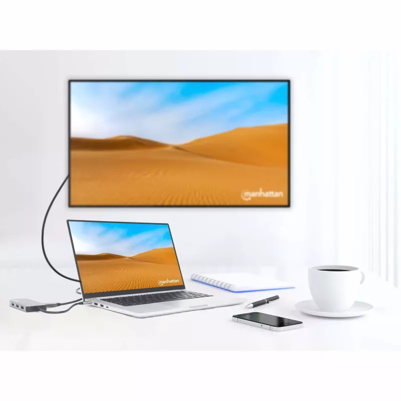 Manhattan Dock/Hub USB-C com leitor de cartões, ligações (x6): Ethernet, HDMI, USB-A (x3) e USB-C, com Power Delivery (100 W) na ligação USB-C (nota: fonte de alimentação USB-C e cabo USB-C adicionais necessários), universal para todos os dispositivos, cabo 15 cm, alumínio, prateado