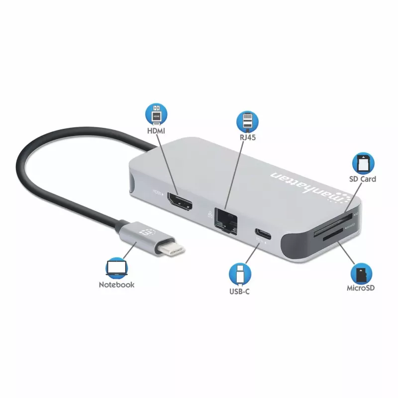 Manhattan Dock/Hub USB-C com leitor de cartões, ligações (x6): Ethernet, HDMI, USB-A (x3) e USB-C, com Power Delivery (100 W) na ligação USB-C (nota: fonte de alimentação USB-C e cabo USB-C adicionais necessários), universal para todos os dispositivos, cabo 15 cm, alumínio, prateado