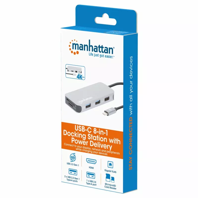 Manhattan Dock/Hub USB-C com leitor de cartões, ligações (x6): Ethernet, HDMI, USB-A (x3) e USB-C, com Power Delivery (100 W) na ligação USB-C (nota: fonte de alimentação USB-C e cabo USB-C adicionais necessários), universal para todos os dispositivos, cabo 15 cm, alumínio, prateado