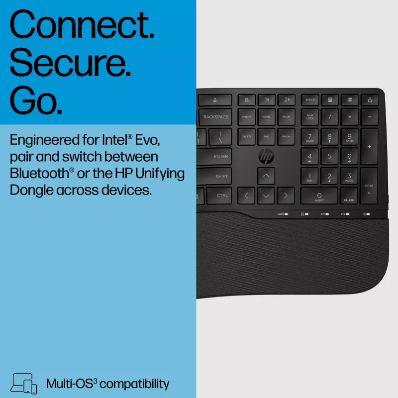 Teclado HP 685 Comfort Dual-Mode 8T6L9UT#ABB, sem fios 2,4 GHz, multidispositivo, 23 teclas programáveis, tamanho completo, QWERTY inglês internacional, preto