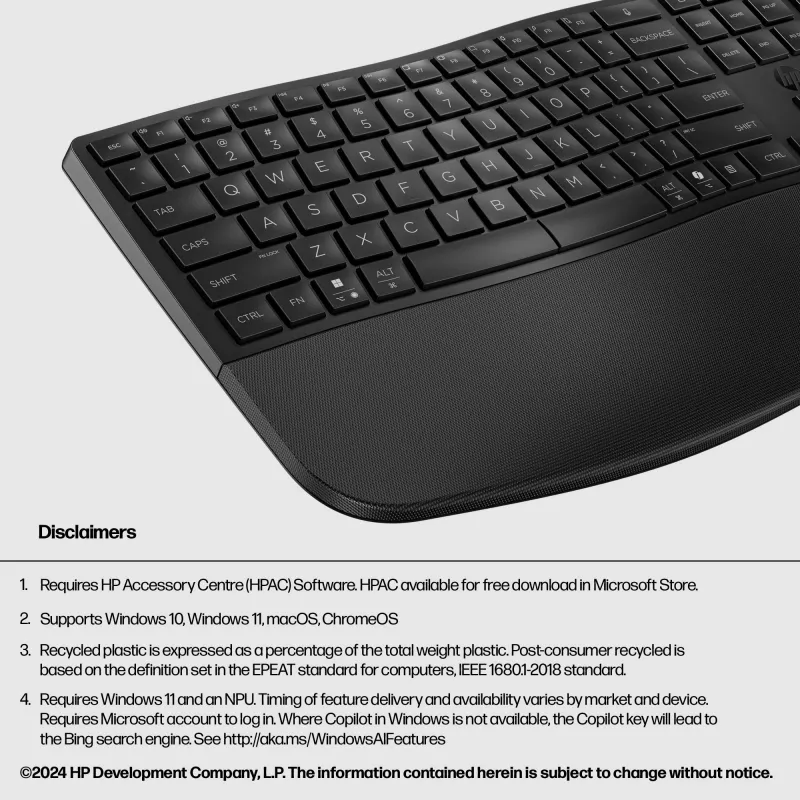 Teclado HP 685 Comfort Dual-Mode 8T6L9UT#ABB, sem fios 2,4 GHz, multidispositivo, 23 teclas programáveis, tamanho completo, QWERTY inglês internacional, preto
