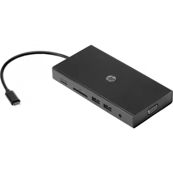 Hub multiportas USB-C HP Travel – HP 1C1Y5AA, anfitrião USB-C, HDMI 2.0, VGA, 1×RJ-45, 2×USB-A 3.2 Gen1, 2×USB 2.0, leitor de cartões MicroSD, preto