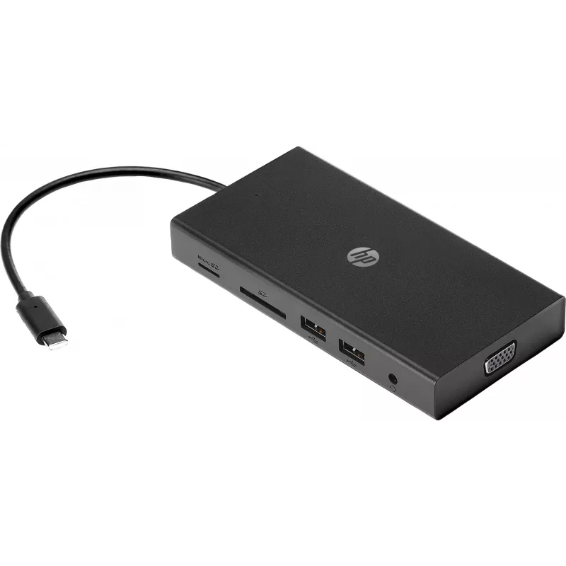 Hub multiportas USB-C HP Travel – HP 1C1Y5AA, anfitrião USB-C, HDMI 2.0, VGA, 1×RJ-45, 2×USB-A 3.2 Gen1, 2×USB 2.0, leitor de cartões MicroSD, preto