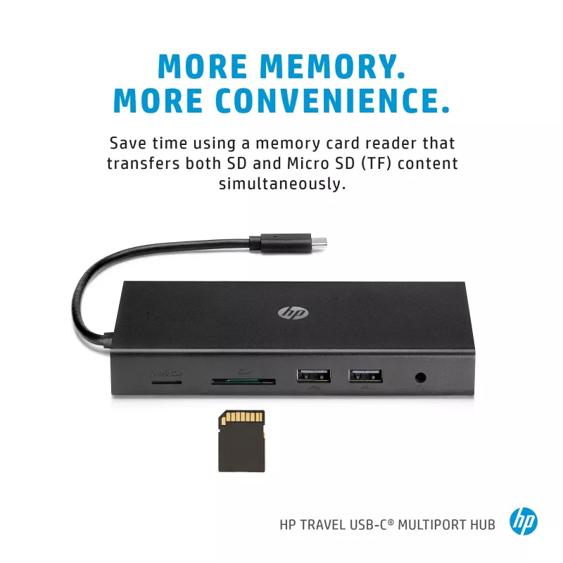 Hub multiportas USB-C HP Travel – HP 1C1Y5AA, anfitrião USB-C, HDMI 2.0, VGA, 1×RJ-45, 2×USB-A 3.2 Gen1, 2×USB 2.0, leitor de cartões MicroSD, preto