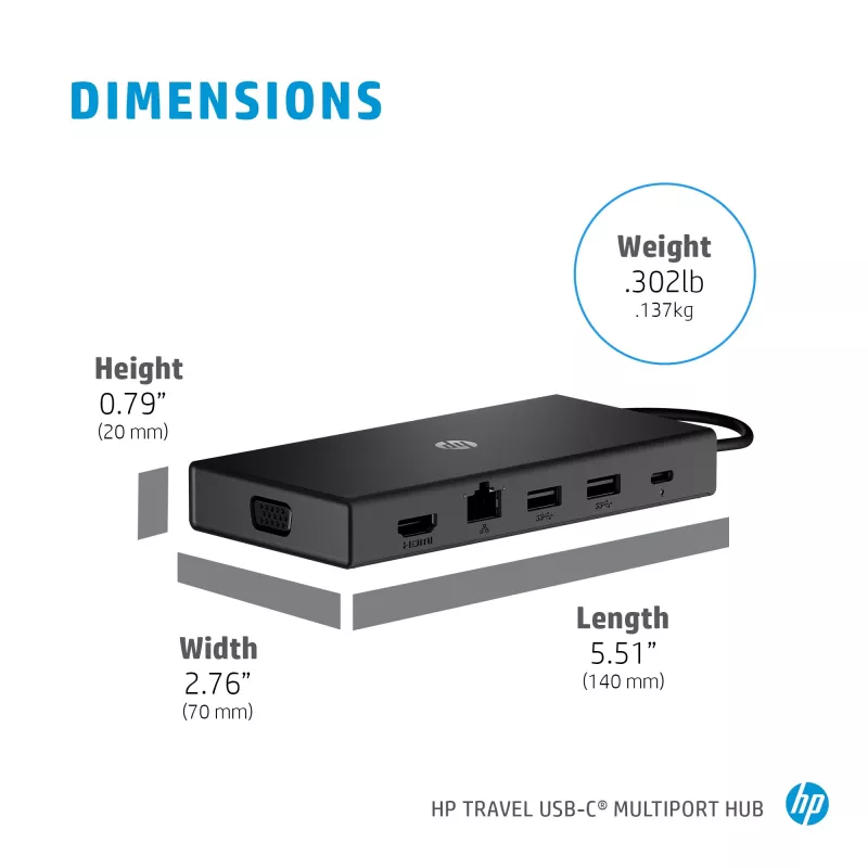 Hub multiportas USB-C HP Travel – HP 1C1Y5AA, anfitrião USB-C, HDMI 2.0, VGA, 1×RJ-45, 2×USB-A 3.2 Gen1, 2×USB 2.0, leitor de cartões MicroSD, preto
