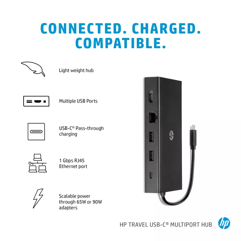 Hub multiportas USB-C HP Travel – HP 1C1Y5AA, anfitrião USB-C, HDMI 2.0, VGA, 1×RJ-45, 2×USB-A 3.2 Gen1, 2×USB 2.0, leitor de cartões MicroSD, preto