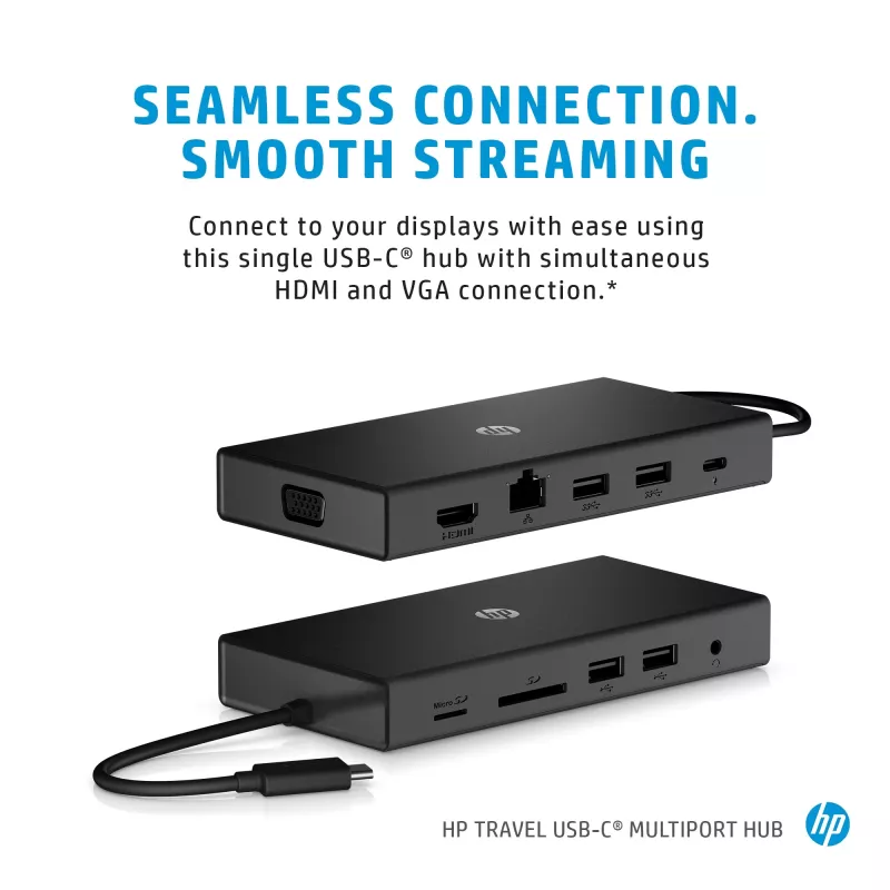 Hub multiportas USB-C HP Travel – HP 1C1Y5AA, anfitrião USB-C, HDMI 2.0, VGA, 1×RJ-45, 2×USB-A 3.2 Gen1, 2×USB 2.0, leitor de cartões MicroSD, preto