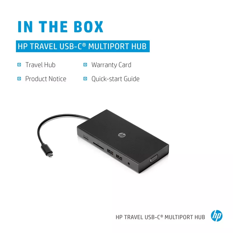 Hub multiportas USB-C HP Travel – HP 1C1Y5AA, anfitrião USB-C, HDMI 2.0, VGA, 1×RJ-45, 2×USB-A 3.2 Gen1, 2×USB 2.0, leitor de cartões MicroSD, preto