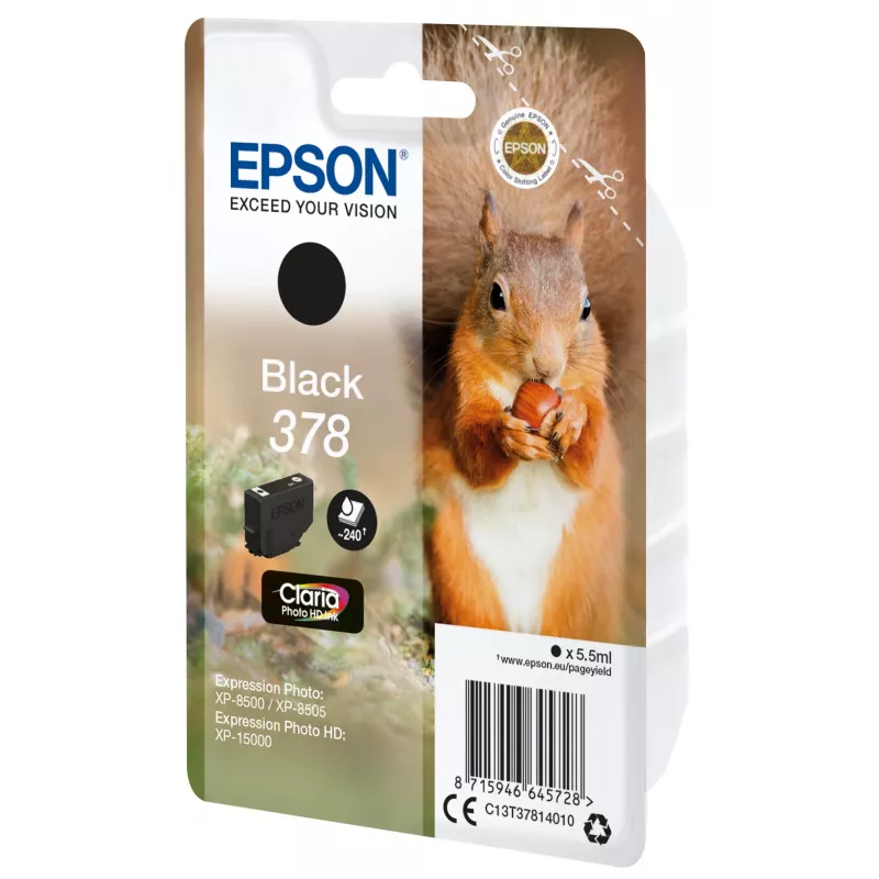 Epson Squirrel Singlepack Preto 378 Claria Photo HD Tinta, rendimento padrão, Preto, tinta pigmentada, 5,5 ml, 1 unidade, 240 páginas