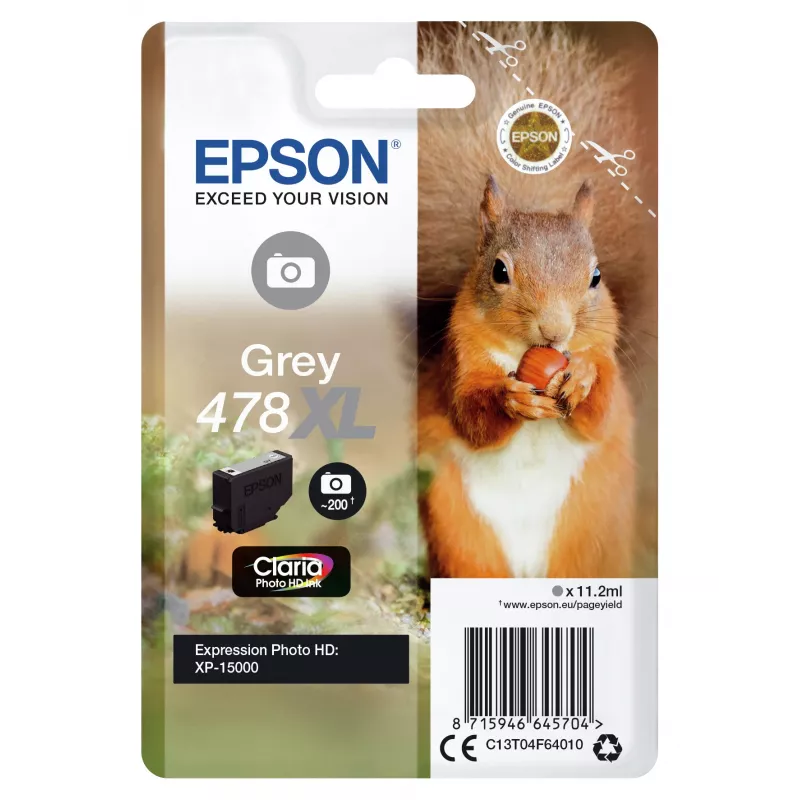Epson Squirrel Singlepack Cinzento 478XL Claria Photo HD Tinta, rendimento alto (XL), Cinzento, tinta à base de corante, 11,2 ml, 1 unidade, 200 páginas
