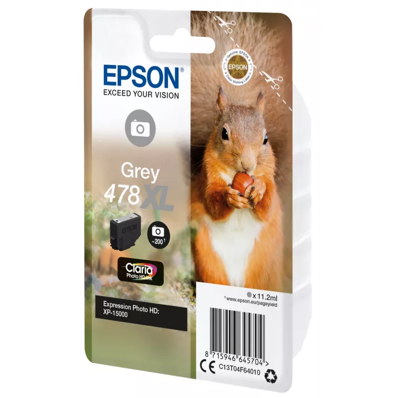 Epson Squirrel Singlepack Cinzento 478XL Claria Photo HD Tinta, rendimento alto (XL), Cinzento, tinta à base de corante, 11,2 ml, 1 unidade, 200 páginas