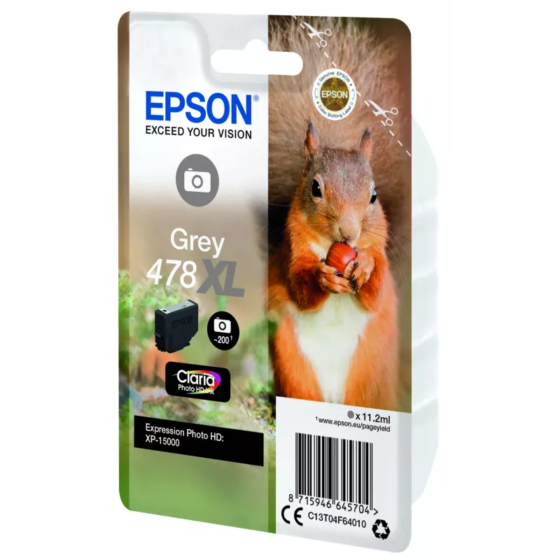 Epson Squirrel Singlepack Cinzento 478XL Claria Photo HD Tinta, rendimento alto (XL), Cinzento, tinta à base de corante, 11,2 ml, 1 unidade, 200 páginas