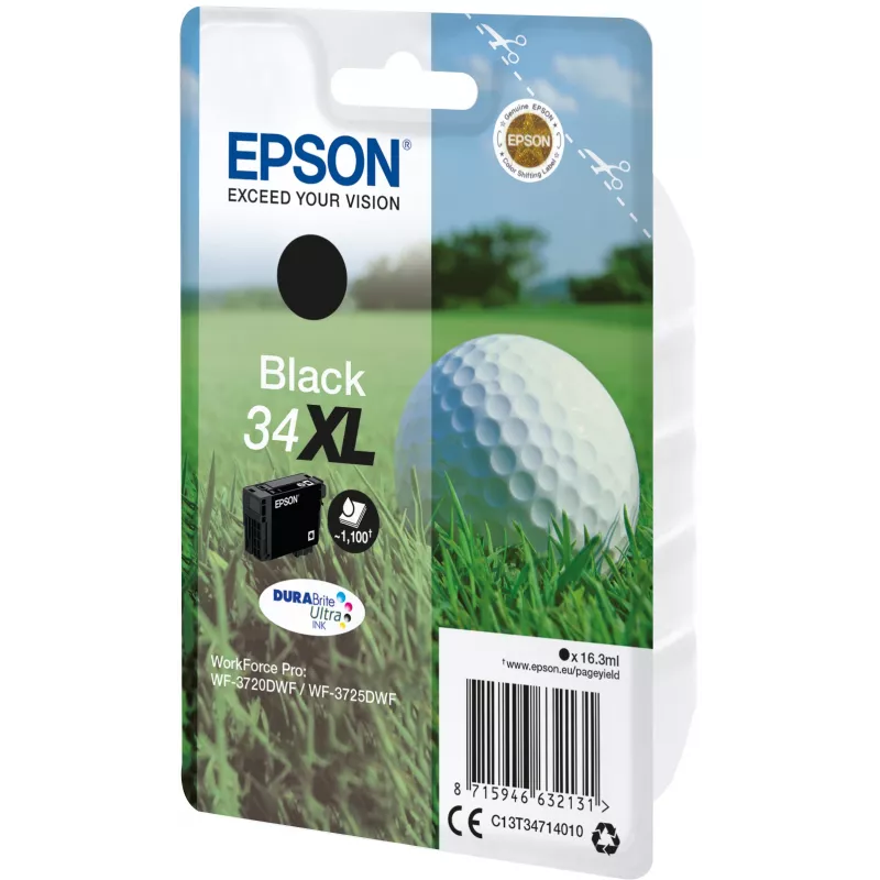 Epson Golfball embalagem individual Preto 34XL tinta DURABrite Ultra, autonomia elevada (XL), Preto, tinta pigmentada, 16,3 ml, 1 unid., 1100 páginas
