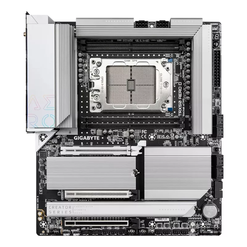 Placa-mãe GIGABYTE TRX50 AERO D - Compatível com CPUs AMD Ryzen Threadripper 9000 Series, VRM digital 16+8+4 fases, até 7800 MHz DDR5 (OC), 3xPCIe 5.0 + 1xPCIe 4.0 M.2, Wi-Fi 7, 10GbE LAN, USB4