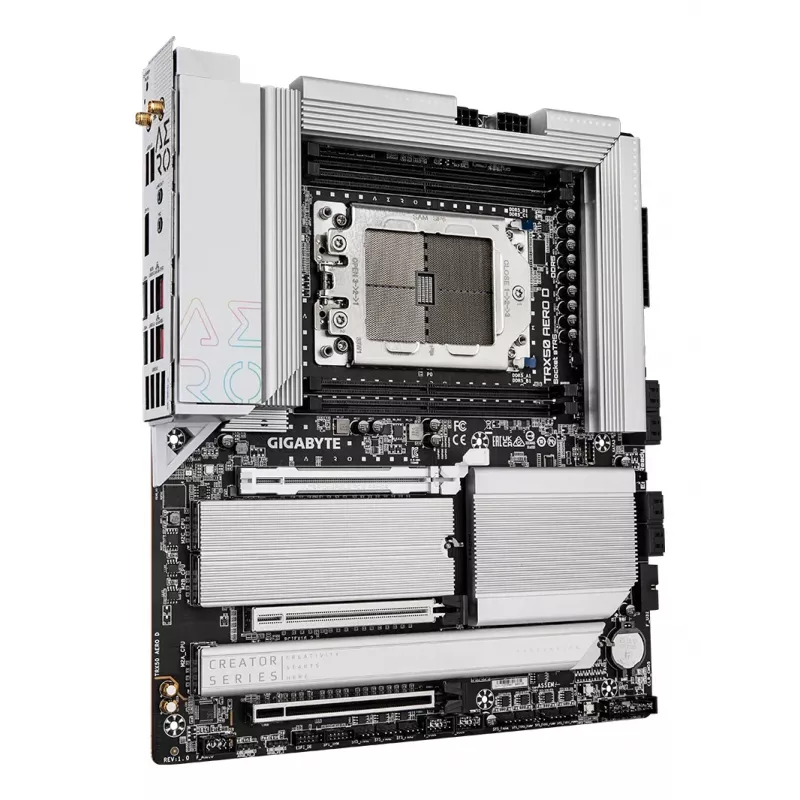 Placa-mãe GIGABYTE TRX50 AERO D - Compatível com CPUs AMD Ryzen Threadripper 9000 Series, VRM digital 16+8+4 fases, até 7800 MHz DDR5 (OC), 3xPCIe 5.0 + 1xPCIe 4.0 M.2, Wi-Fi 7, 10GbE LAN, USB4