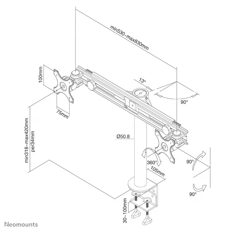 Braço de monitor Neomounts FPMA-D700D 19-30 polegadas, fixação por aperto, 8 kg, 48,3 cm (19 polegadas), 76,2 cm (30 polegadas), 100 x 100 mm, preto