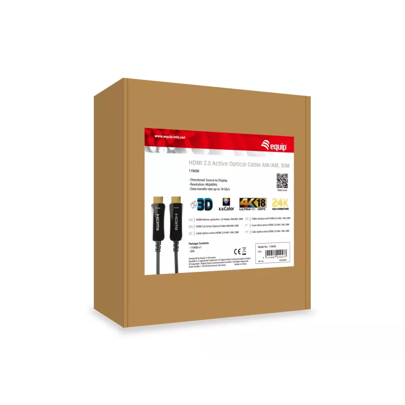 Cabo ótico ativo Equip HDMI 2.0, M/M, 30m, 30 m, HDMI Type-A (Standard), HDMI Type-A (Standard), 3D, 18 Gbit/s, preto