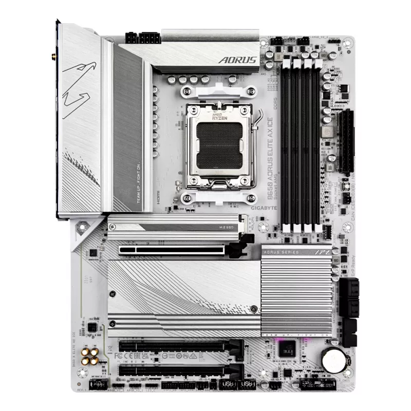 Placa-mãe GIGABYTE B650 AORUS ELITE AX ICE - compatível com CPUs AMD Ryzen 9000, VRM digital 12+2+2 fases, até 8000 MHz DDR5 (OC), 1xPCIe 5.0 + 2xPCIe 4.0 M.2, Wi-Fi 6E, 2.5GbE LAN, USB 3.2 Gen 2x2