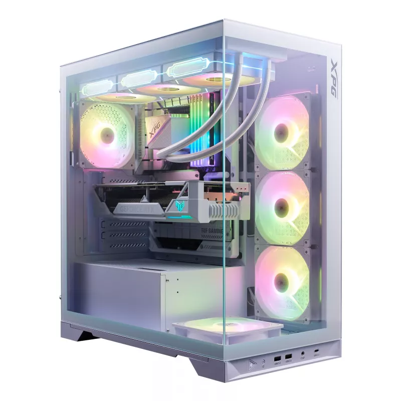 XPG Invader X BTF caixa de PC Midi Tower, ATX/Micro-ATX/Mini-ITX, painel lateral transparente, 5 ventoinhas ARGB de 120 mm, USB-C, sem fonte de alimentação, branca