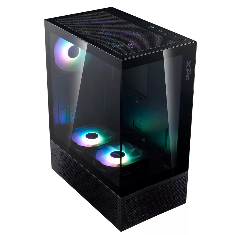 XPG Invader X Mini caixa de PC Midi Tower, ATX/Micro-ATX/Mini-ITX, vidro temperado, 5 ventoinhas ARGB de 120 mm, USB-C, sem fonte de alimentação, preta