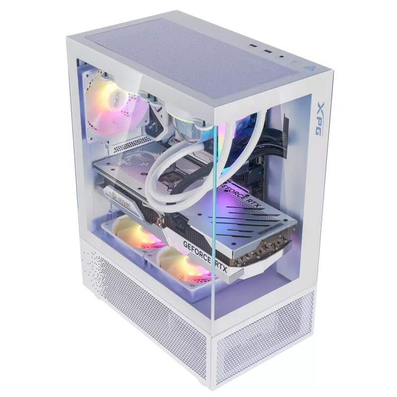 XPG Invader X Mini caixa de PC Midi Tower, ATX/Micro-ATX/Mini-ITX, painéis de vidro, 5 ventoinhas ARGB de 120 mm, USB-C, sem fonte de alimentação, branca