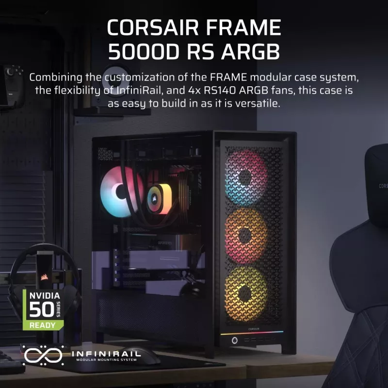 Caixa de PC CORSAIR FRAME 5000D RS ARGB Midi-Tower preto — ATX, suporta 3x140mm ventoinhas frontais, unidades 2,5/3,5 polegadas