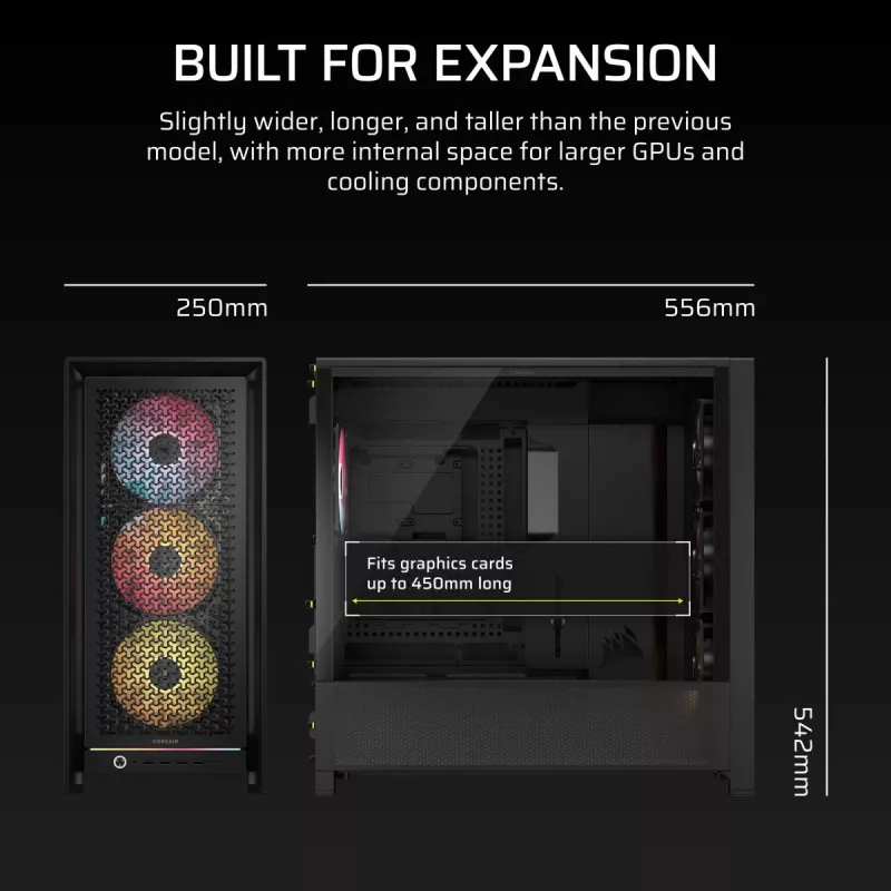 Caixa de PC CORSAIR FRAME 5000D RS ARGB Midi-Tower preto — ATX, suporta 3x140mm ventoinhas frontais, unidades 2,5/3,5 polegadas