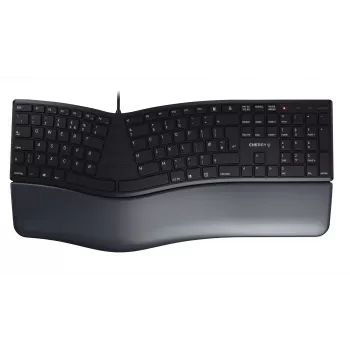 Teclado ergonómico de tamanho completo com fio Cherry KC 4500 ERGO preto USB QWERTY UK 109 teclas layout curvo apoio de pulso cabo 1,8 m