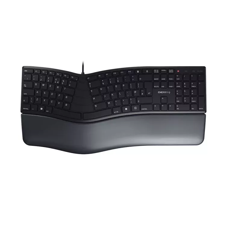 Teclado ergonómico de tamanho completo com fio Cherry KC 4500 ERGO preto USB QWERTY UK 109 teclas layout curvo apoio de pulso cabo 1,8 m