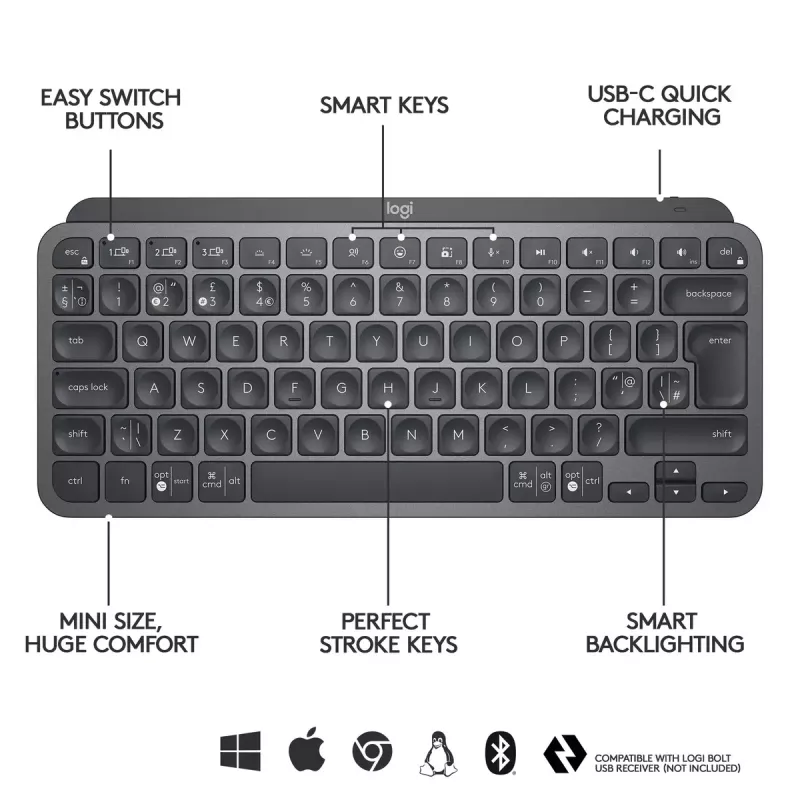 Teclado retroiluminado LOGITECH MX Keys Mini - Sem fios Bluetooth - Grafite - Azerty Francês