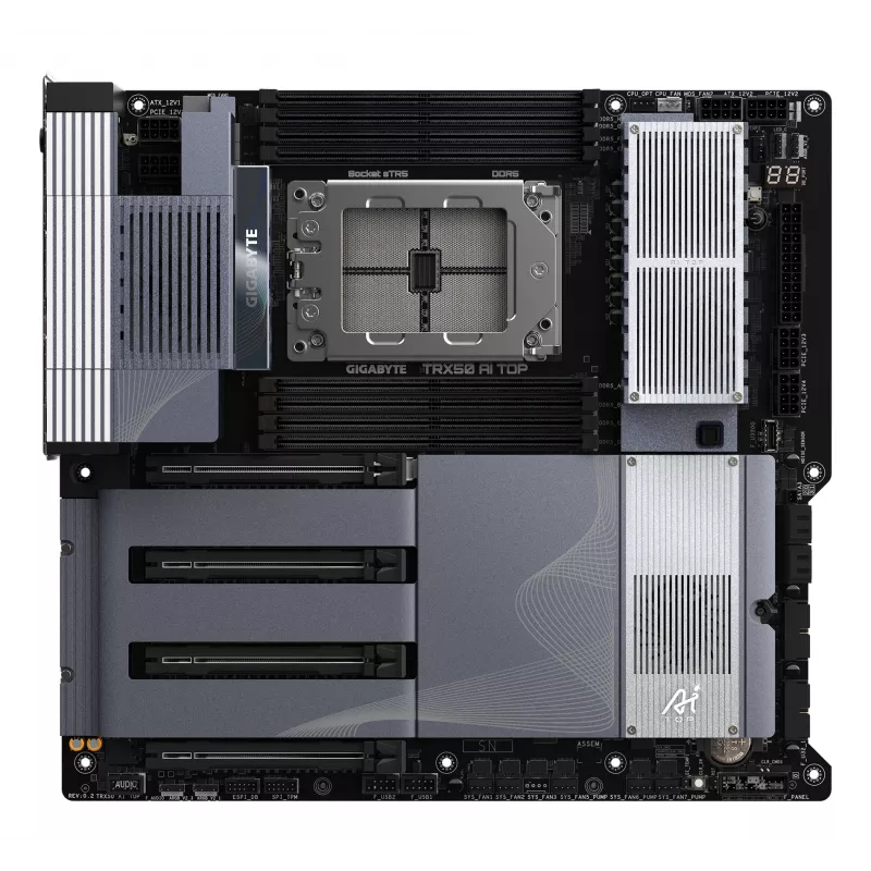 Placa-mãe GIGABYTE TRX50 AI TOP-2B - CPUs AMD Ryzen Threadripper PRO 7000, VRM Digital 16+8+4 Fases, até 5200 MHz DDR5, 4xPCIe 5.0 M.2, Wi-Fi 7, LAN 10 GbE, USB 4